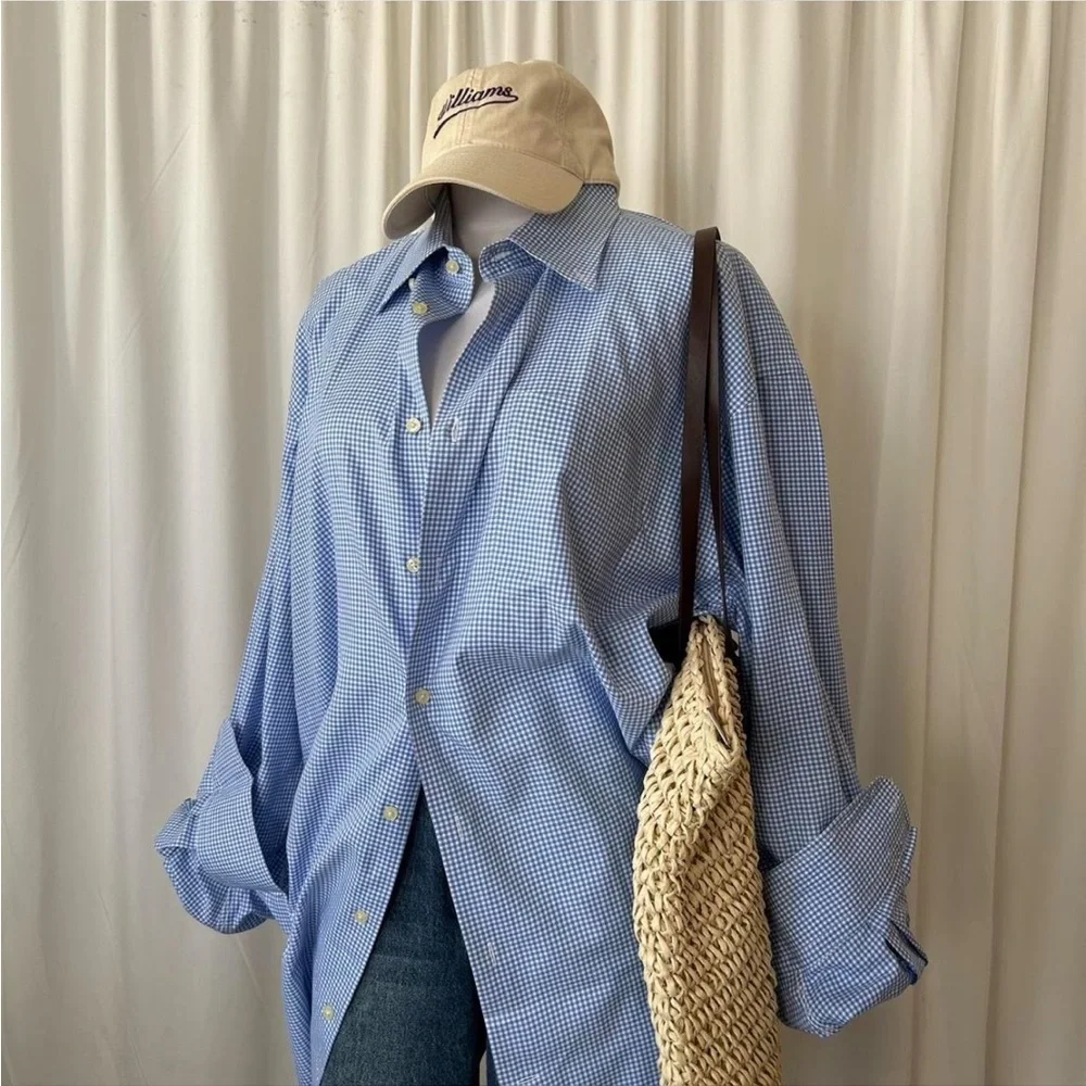 Peter Millar Blue Mini Gingham Check Cotton Button-down shirt. - Picture 5 of 7